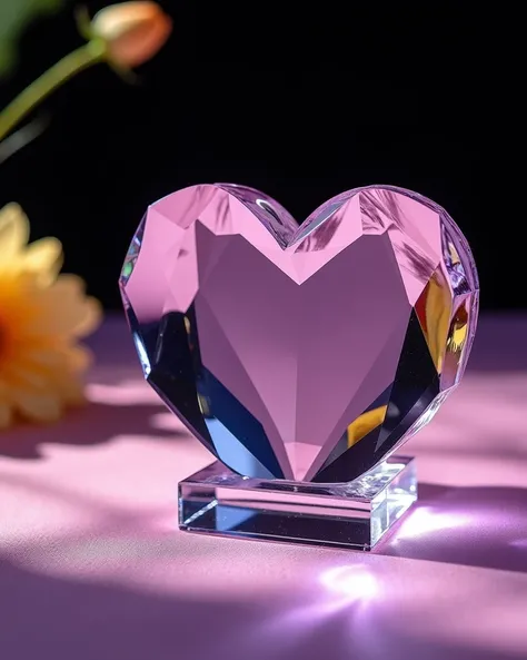 A beautifully clear crystal heart with a small square base rests on a pinkish purple tablecloth. The pink-purple color of the edges of the heart is cut and polished, reflecting a soft luster , and the overall texture is noble and elegant . Refraction of li...