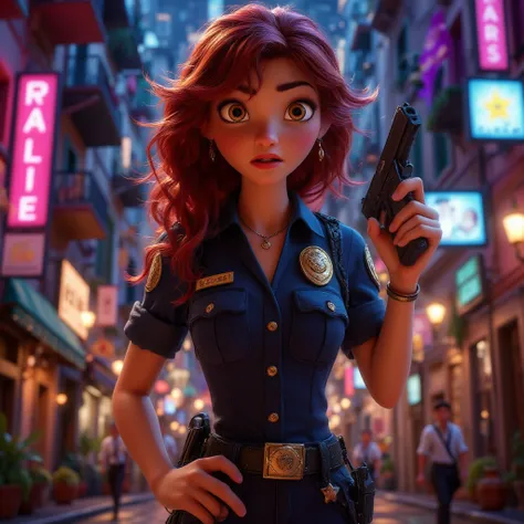 best quality, masterpiece, highres, solo, solo focus, 1lady, semi-realistic, standing straight, red hair, hazel eyes, beautiful detailed eyes, beautiful detailed face, perfect hands, sexy Los Angeles police officer, matching pants, city backdrop, neon edge...