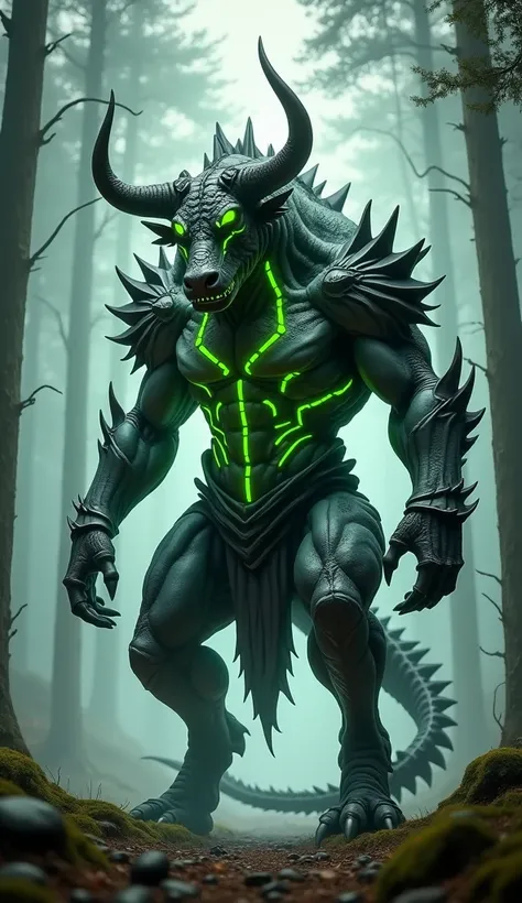 A fierce and majestic hybrid of bull and dragon-like creature stands in an enchanted forest with towering trees. The creature has a muscular, armored body with intricate, jagged textures and glowing neon green veins coursing across its black and gray scale...