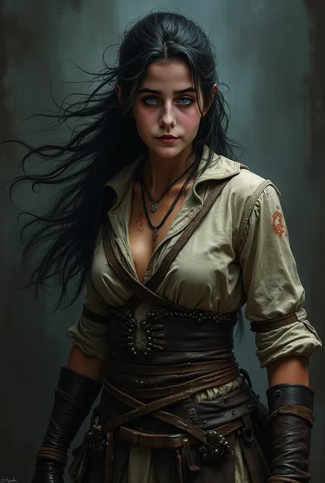 a warrior woman, her clothes are a bit tattered, you can tell from her face that she is a warrior, its a dark theme.