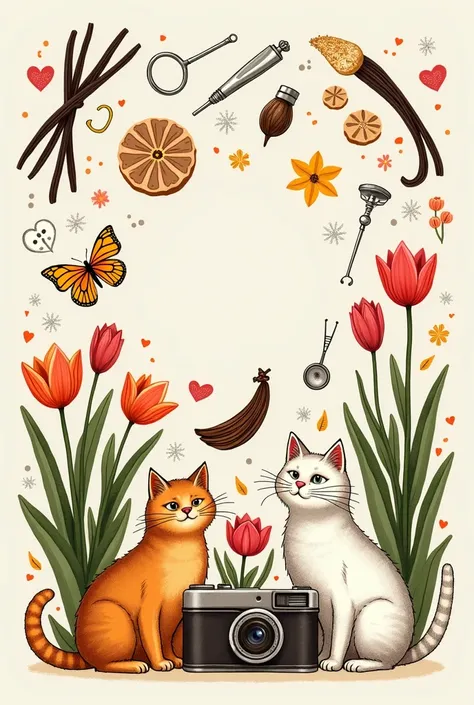  Create an image with doodles of the following elements that concern: Medicine,  vanilla , tulips ,  photography and cats 