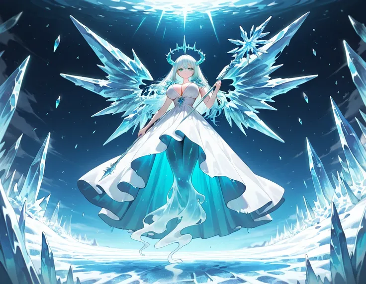 1girl, ice spirit, frost elemental, frost elemental, ice shard wings, holding staff, white crystal ice staff, blue icicle crown, large breast, exposed cleavage, ghost tail, see no human legs, wisp ghost tail, white dress, light skin, black sclera, aqua eye...