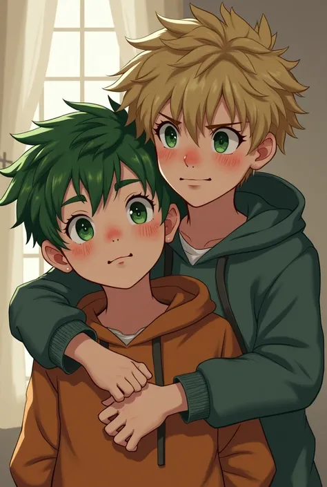 A boy with cute fluffy green hair and freckles with white skin and big green eyes smiles nicely behind him is a boy with pale blonde hair and red eyes who frowns and wraps his hands around the other boys neck