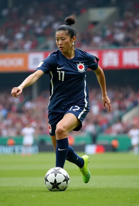 A young Japanese woman with fair skin and straight black hair tied in a high bun, wearing the dark blue uniform with white details of the Japanese national team. In the center of the field, she holds the ball firmly at her feet as she pivots in an agile mo...