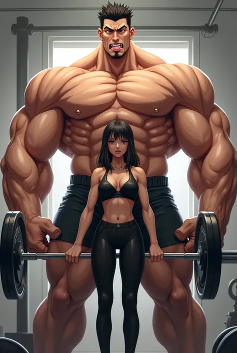 Make a anime of a boy with black t-shirt and black pant[1boy=towering in size with an exaggerated, colossal muscular body. The werewolf stands in a dominant, wide pose with its arms spread out, showing massive biceps, triceps, and barrel-like chest muscles...