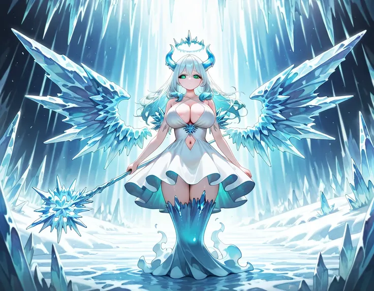 1girl, ice spirit, frost elemental, frost elemental, ice shard wings, holding staff, white crystal ice staff, blue icicle crown, large breast, exposed cleavage, ghost tail, see no human legs, wisp ghost tail, white dress, light skin, black sclera, aqua eye...