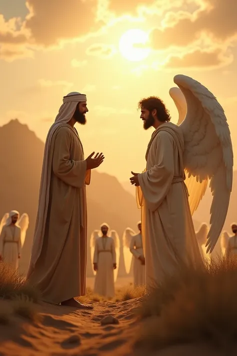  The Prophet Idris and the Angel of Israel were talking in a vast field with soft sunlight , atmosphere of tranquility and majesty .  Angels with affectionate and attentive faces listened to Prophet Idris request against the backdrop of desert mountains