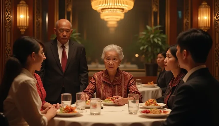 A dramatic and cinematic scene in a luxurious 5-star restaurant in Vietnam. The central focus is a humble elderly Vietnamese woman seated prominently at a dining table, her expressions clear and detailed, dressed in simple traditional clothing. She appears...