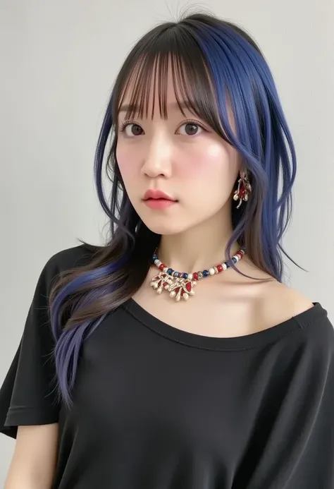 masterpiece,  top quality ,3dレンダリング作品 ,3dMMスタイル,close-up, yag, 3d, 1 girl, Alone,  multicolored hair,  blue hair,  black hair,  necklace, Freckles, gem,  Two Tone Hair ,  facing sideways ,  realistic ,  upper body,  simple background, bangs,  from the publ...