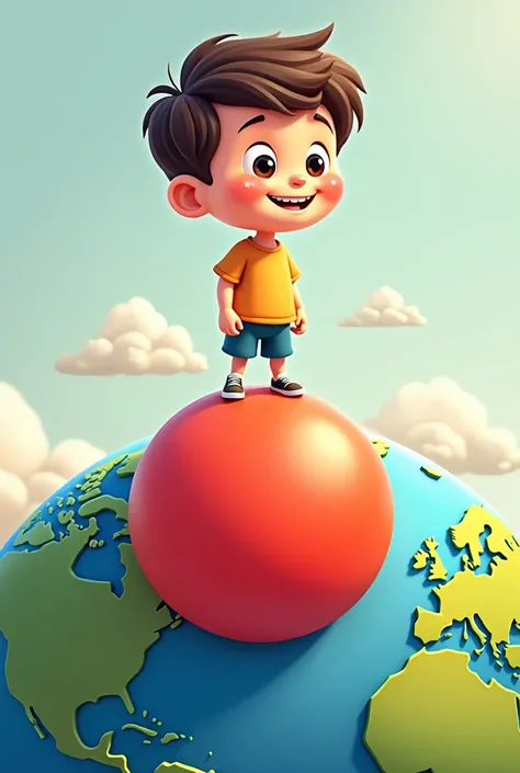 cartoon boy standing on top of red circle that is on top of the earth 