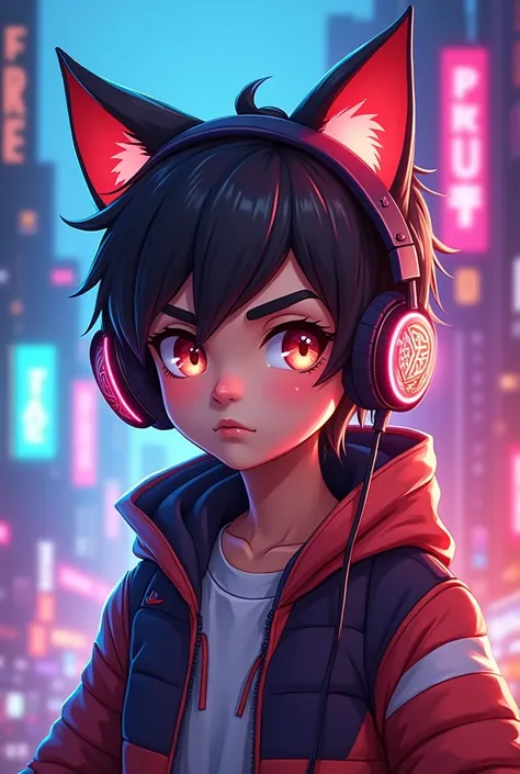 Generate a freefire-style YouTube profile picture of a boy or 
 with a Cats Ears Headset or Headphone 