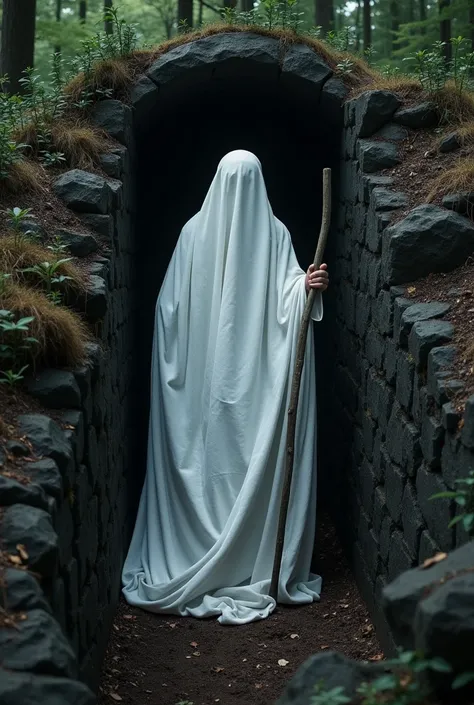 A coffin is it okay with a shroud inside a black forest, a man waiting in the middle of the grave with a shovel in the middle of the lid and a woman dressed in white with a shovel on my head in the middle of the lid, and there will be a view from the top o...