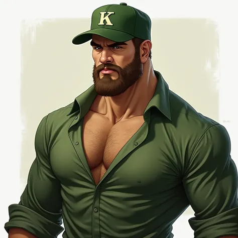 half strong man, with short beard ,  green blouse and green cap with the letter k, light skin 