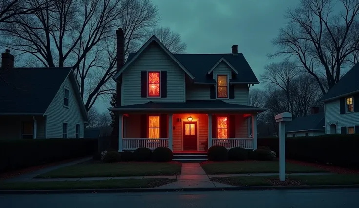 a cozy suburban home, but looks creepy at night from outside view hint of red