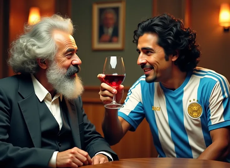 Marx and Maradona celebrating , drinking wine,  blue and white striped soccer jersey