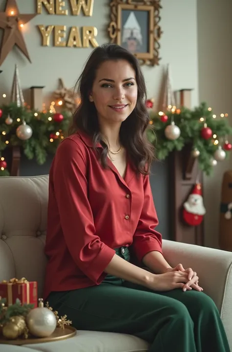 woman sitting on couch in her living room, holiday outfit, green blouse, hommemade photo, her room decorated for Christmas holidays, New Years garland, new year eve