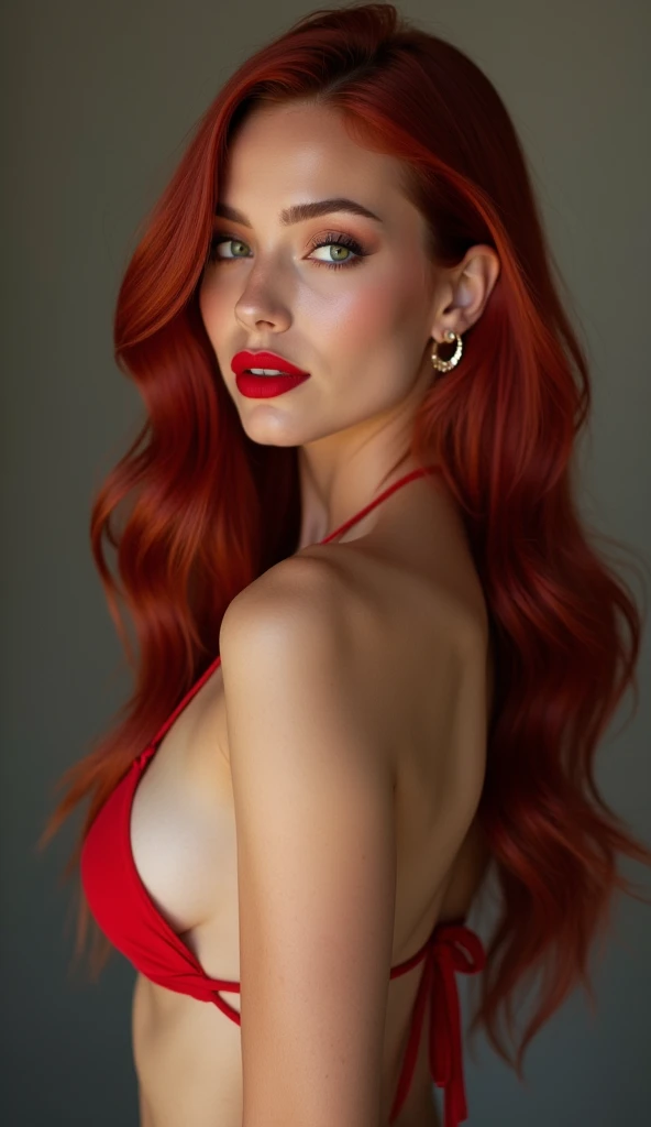 a microkini woman, beautiful AND detailed eyes, red long hair, red lipstick, hoop earrings, strong personality, photoshoting session, posing, masterpiece, best quality rating: explicit,nsfw.