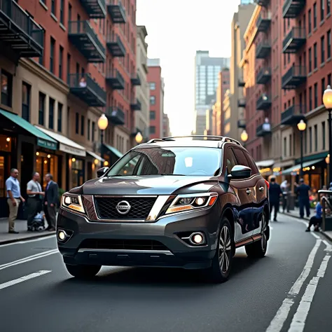  Nissan Pathfinder  (R52 )  in graphite color drives through a beautiful New York neighborhood,  apartment buildings ,  cafes shops and boutiques on the ground floors of 2014 buildings 