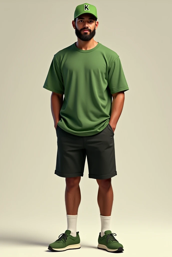 Full body avatar , Of a man wearing a green blouse and green cap with the letter K,  black shorts and green sneakers , light brown, with short beard