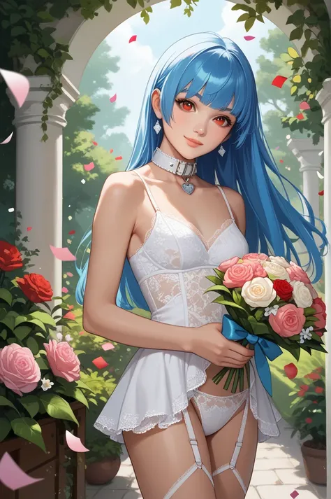 
coffee ball, 1 , blue hair,   long hair, short bangs,  Red Eyes,  looking at the viewer, garden,  white lace swimsuit with garter strap, collar, to smile, bouquet, is, confetti, cowboy shot, standing