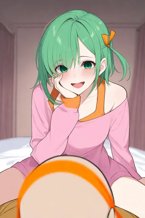 Beautiful girl with green eyes and short green hair.  There is an orange elastic band on top of her hair. she yandere . She is 20 years old