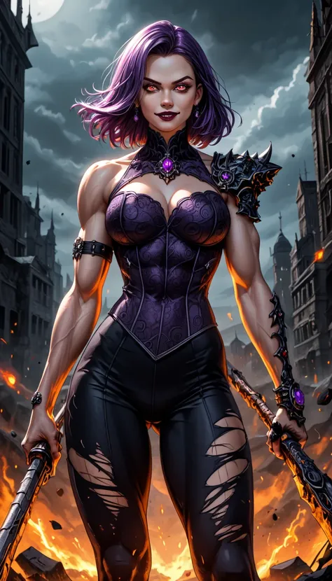 dark and torn, ((alone 1 dark malevolent woman of the underworld evil smile,  squinting eyes :1.3)), beautiful muscular body, fierce expression,  holding a weapon , (colors in your clothes, Warm, orange, yellow, Violet: 1.3), standing on a desolate land, d...