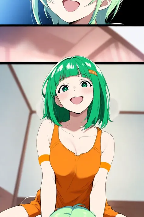 One pretty girl with green eyes and short green hair. There is an orange elastic band on top of the hair. she yandere . She is 20 years old