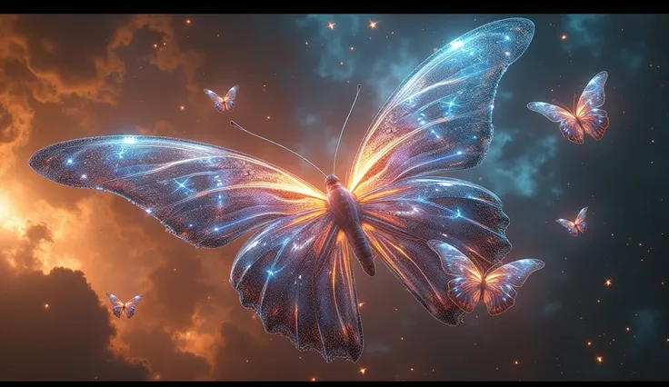 "Enormous, otherworldly butterflies with wings made of stars and galaxies migrating through a deep, glowing nebula, ultra-realistic space textures, 8K resolution."

