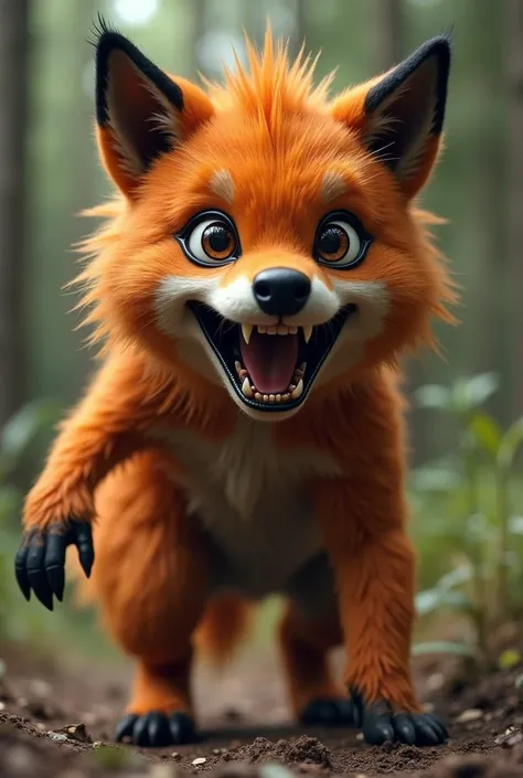  Create an image of a wild animal with orange and some black hair . in human form, with an open mouth like a dog ,  with sharp, white teeth ,  with arms as long as its legs and slightly large open eyes