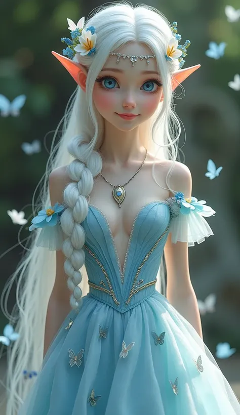  An elf with a divine appearance , with a slim and elegant figure , with marble-white skin and white hair, long and of a shiny tone. It is braided in an elaborate braid that falls down the back. The braid is volumetric and appears soft and silky, with a po...