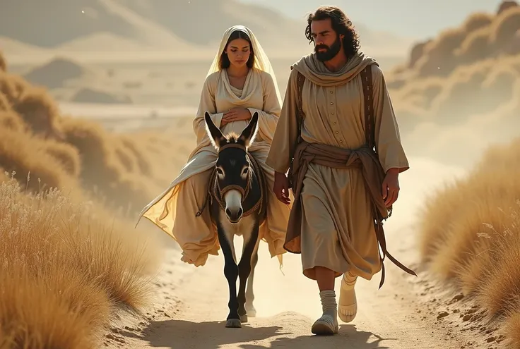 "Joseph, with tired and bandaged feet, walks steadily ahead, leading a small donkey. On the donkey sits Mary, her face reflecting exhaustion but also a peaceful resolve. She gently cradles her belly as the journey continues through a dusty path."