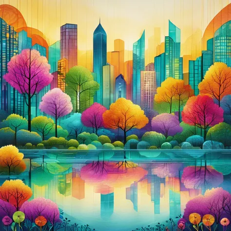 Masterpiece, highest quality, high resolution, best composition,  cityscape painting with river and trees in the foreground, colorful city, colorful trees, cityscape during daytime, city in spring season, city in pure colors, cityscape, forest background w...