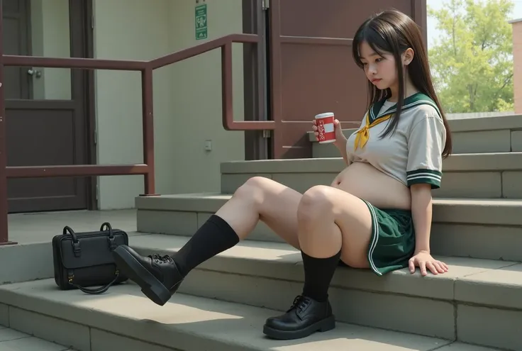  Fat girl at school is sitting on the chair. She looks unhappy . She has a cola in her hand. high resolution,  she wears a school uniform. She is fat and big. Her belly is big and her legs too. Her face is chubby