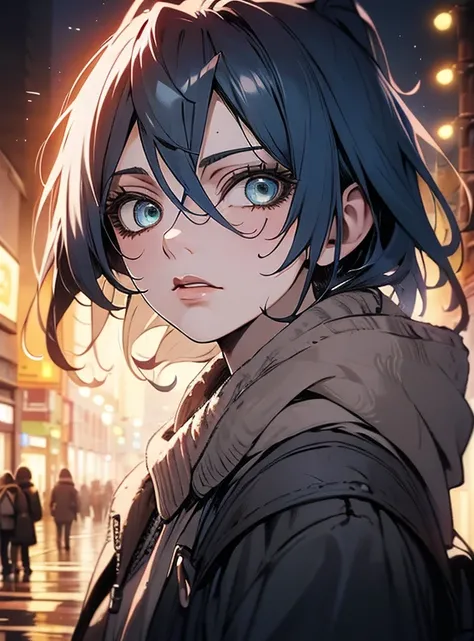 masterpiece,detailed,High resolutions:1.4) , Photo of the model, close, Detailed face, Thin and detailed eyes,, (Kirishima Touka),medium blue hair,eye ghoul,retro jacket,Tokyo Ghoul,Retrofuturistic background,  vibrant colors , hdr,, ,