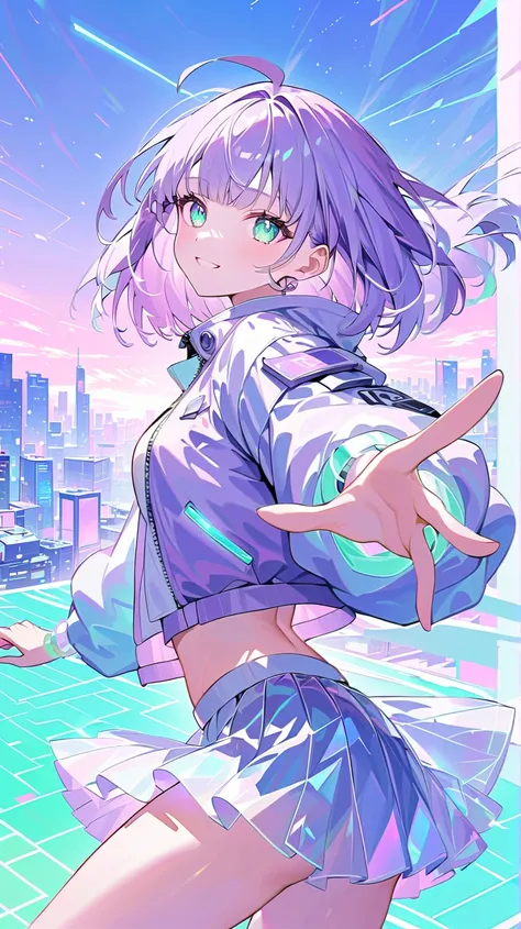 ((masterpiece)), ((best aesthetics)), ((super resolution)), ((best quality)), futuristic anime-style outfit, pastel purple hair, ((bob hair)), pastel purple cropped bomber jacket with holographic shimmer, pale gray layered pleated skirt with flowing transl...