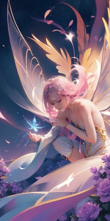 Beautiful transparent flower fairy baby, Transparent colorful wings, The wand flutters in the wind､The wand flashed with starlight，Golden wand，Beautiful blue sky and white clouds、Girls have transparent wings､kindly smile､Beautiful garden background､Gentle ...