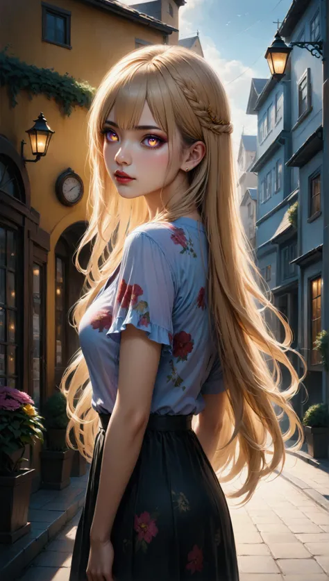 (masterpiece, aesthetic, detailed eyes, realistic), 1girl, mahiru shiina, angel next door spoils me rotten, Long smooth straight golden hair, purple to golden gradient eyes, standing in a casual clothes in a town, super detail, best quality, 8k