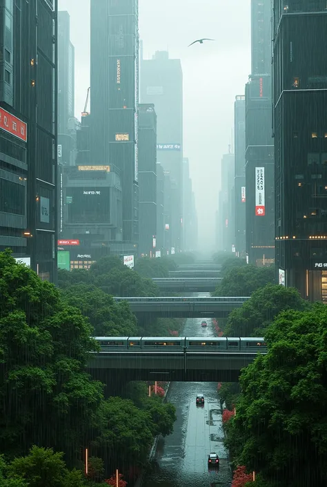 A big rainy city with greenery and futuristic