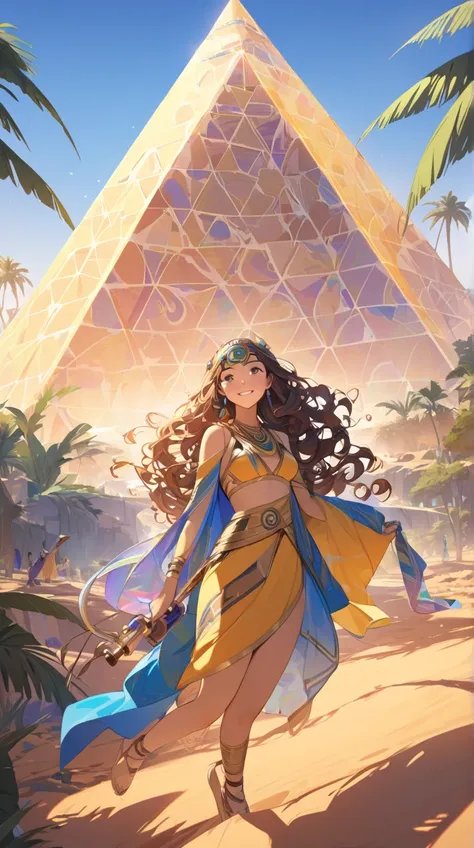 One Girl、Adventurous expression、Bright smile、Long Curly Hair、Egyptian outfit、Hall々A positive attitude、Small breasts、Map in hand、  
break、  
Sunrise light、（ Vivid Colors :1.2）、Fresh air、Energetic vibe、Sense of exploration、Artistic details、 Vibrant Backgroun...