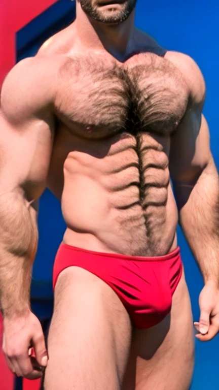 (face focus). (masculine:1.3), (large strong physique:1.1), at outdoor sunny park, (muscular man without a shirt), (muscular man wearing red speedo), sexy pose:1.0, styled hair, hairy chest!, hairy chest!!, hairy abs!, confident, handsome, (((masterpiece))...