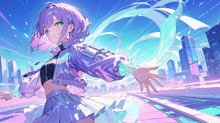 ((masterpiece)), ((best aesthetics)), ((super resolution)), ((best quality)), futuristic anime-style outfit, pastel purple hair, ((bob hair)), pastel purple cropped bomber jacket with holographic shimmer, pale gray layered pleated skirt with flowing transl...