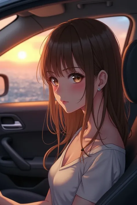 (best quality)), ((masterpiece)), (detailed), 1 girl, car interior, brown hair, brown eyes, passenger seat, view from drivers seat, blush