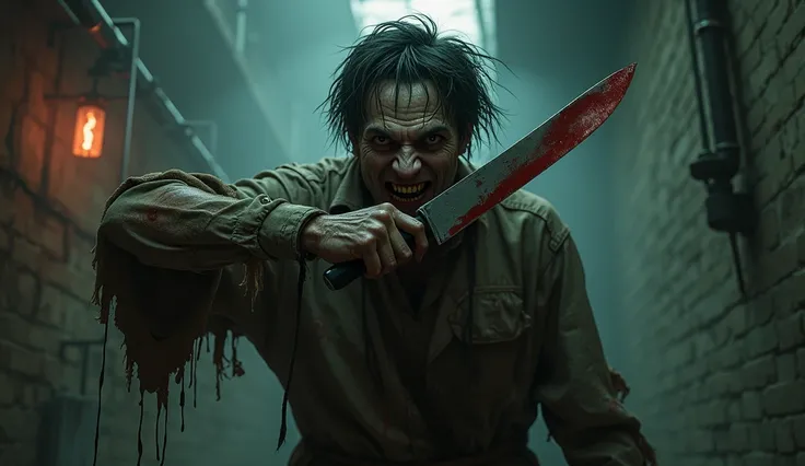 a creepy psychopath man holding a knife smiling angrily on a creepy horror place