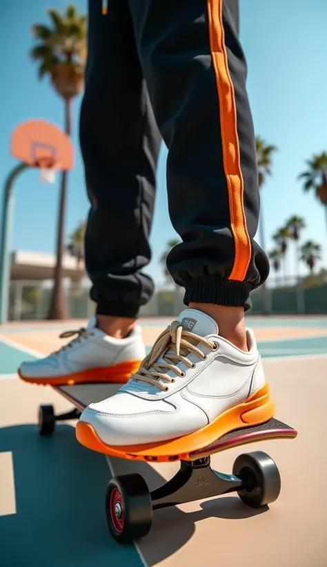 Close-up of a person wearing stylish white and orange sneakers with beige laces while standing on a skateboard. The skateboard has black grip tape, white wheels, and a red outline. The person is wearing black sweatpants with an orange stripe running down t...