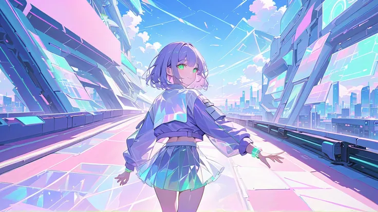 ((masterpiece)), ((best aesthetics)), ((super resolution)), ((best quality)), futuristic anime-style outfit, pastel purple hair, ((bob hair)), pastel purple cropped bomber jacket with holographic shimmer, pale gray layered pleated skirt with flowing transl...