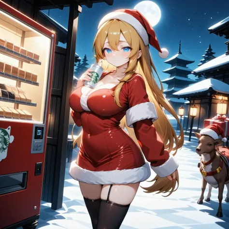 Action:
((A beautiful blonde Santa girl with sparkling blue eyes holds a Starbucks coffee can in her right hand)). The can is clearly detailed with the green and white Starbucks logo, resembling a "Starbucks Doubleshot" can. It features a shiny metallic su...