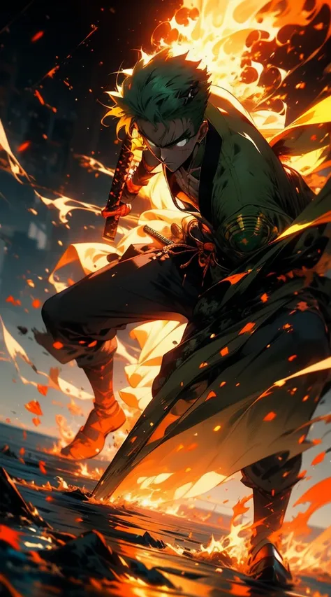 A hyper-detailed, full-body anime-style depiction of Roronoa Zoro from *One Piece*. Zoro stands confidently, facing the viewer with a fierce expression. His slightly messy green hair frames his scarred face, including the iconic vertical cut over his left ...