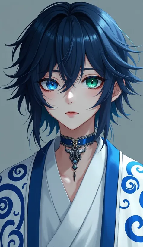 A  boy, white skin, Medium length, blue-black hair that falls to her shoulders, has a mid-side fringe. heterochromia irisdi in the eyes (Blue green) a blue eyeliner on the eyes, A white male Haori with blue spirals and a white shirt inside, Around her neck...