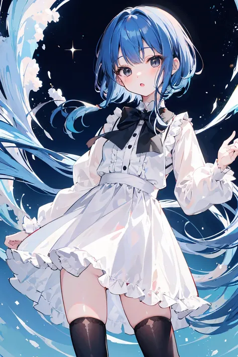 beautiful ,jitome, happy, shy, hopeful, intelligent, smiling, flushed face, standing, looking at viewer, long hair, ((((blue hair, black eyes, eyes open, short)))), kawaii, cute, cel anime, 2d anime ,a beautiful girl wearing an elegant outfit holds a teddy...