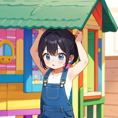 shirtless girl confused trying to put on her overalls in the colorful playhouse